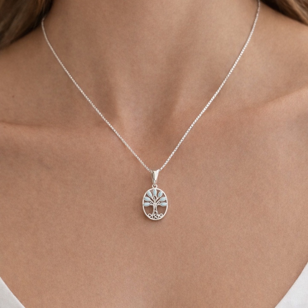 NWT 925 Sterling Silver with Natural Larimar Tree of Life Necklace! NEW! - Picture 4 of 4